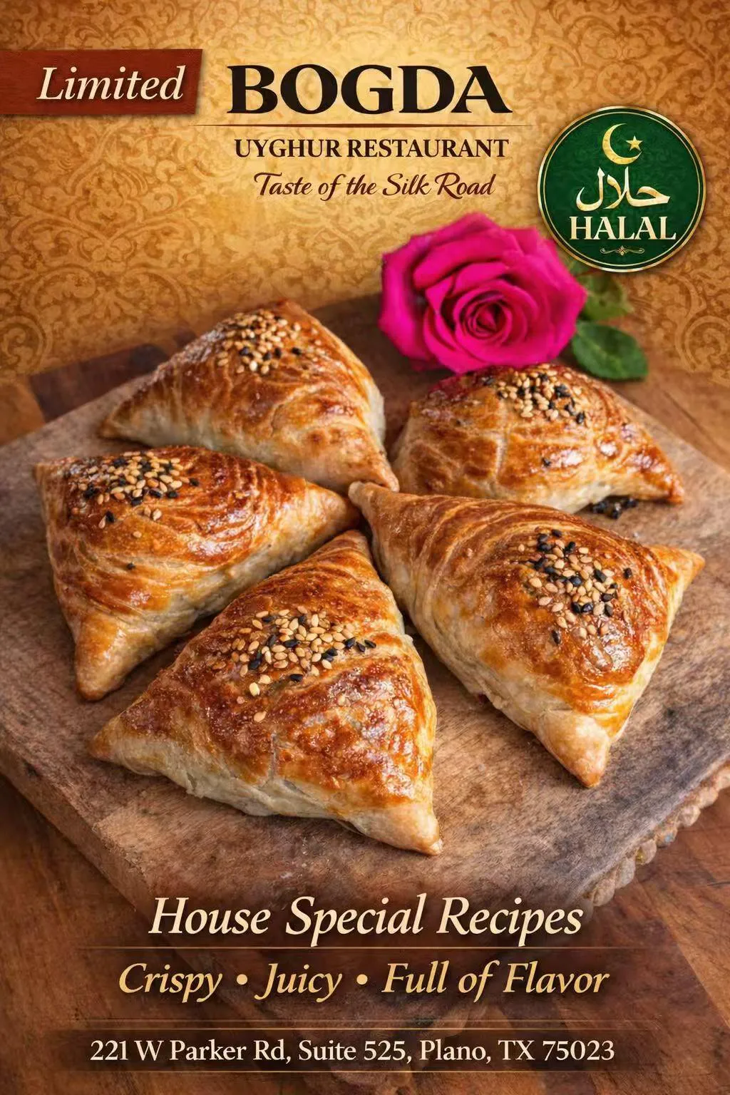 Uyghur baked samsa pastries with sesame seeds at Bogda Uyghur Restaurant, a Central Asian Halal Restaurant in Plano